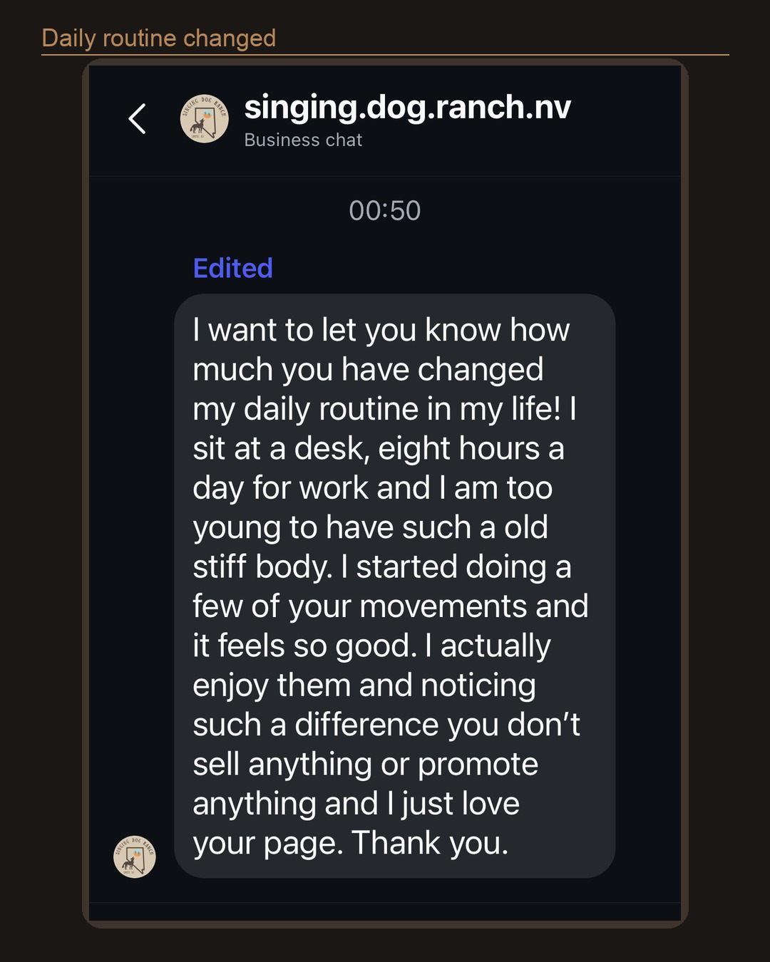 Screenshot testimonial from a Dragon Wings follower