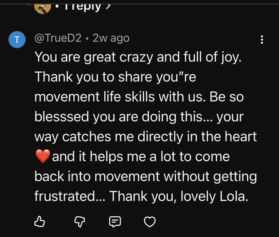 Public comment praising Lola’s joyful teaching and saying it helped someone return to movement without frustration